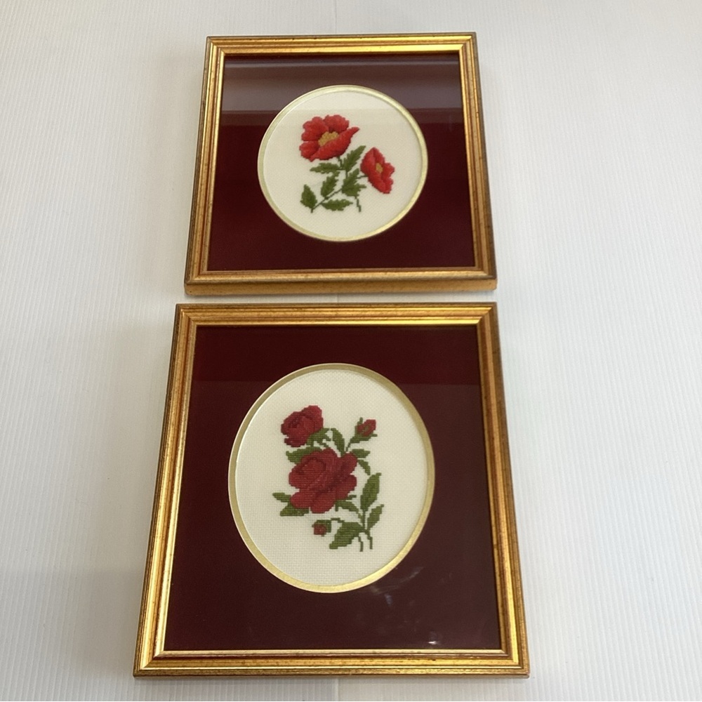 2 X Framed Finished Needlepoint Red Rose 12” X 11” Vintage